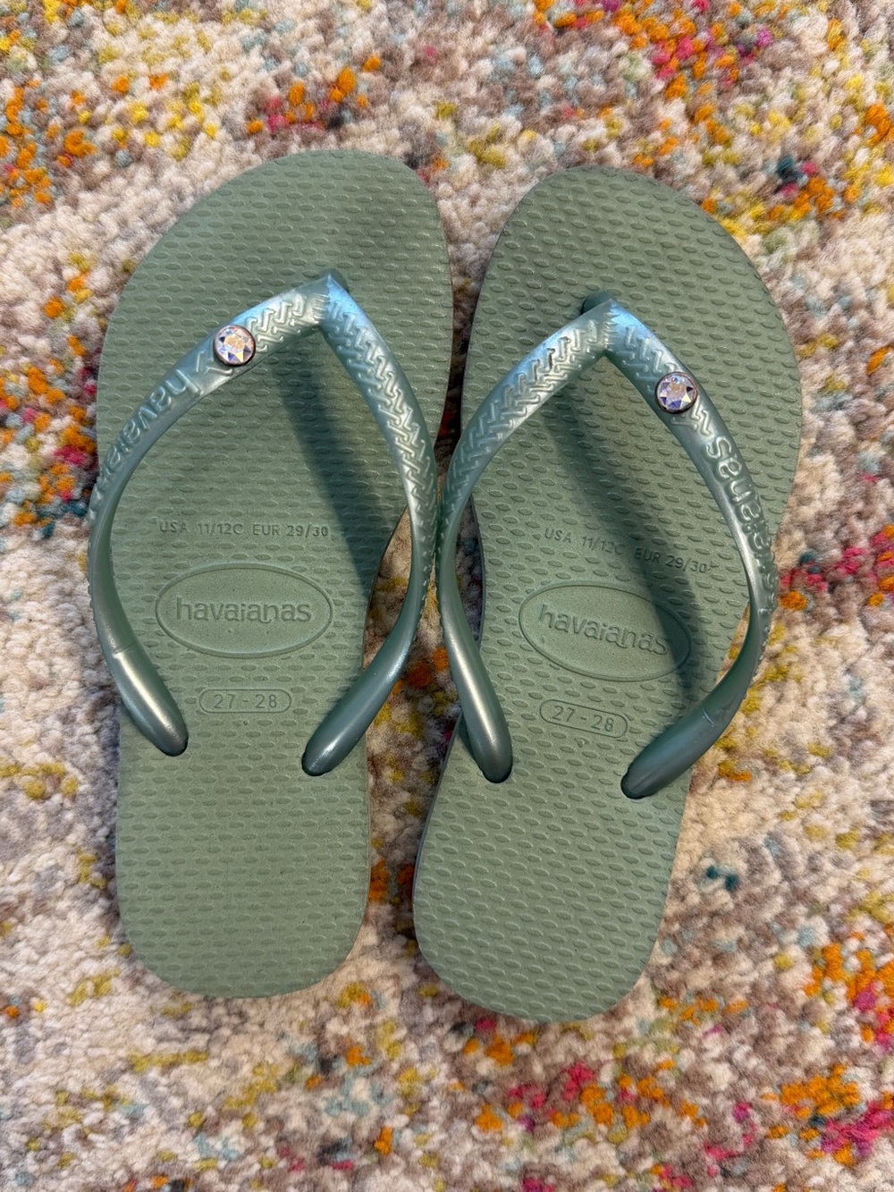 Havaianas Kids Flip Flops in Sage Green with Rhinestone Accent girl size 27-28